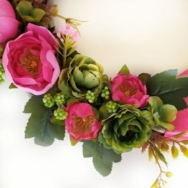 Στεφάνι ξύλινο με λουλούδια φούξια - στεφάνια, λουλούδια, διακόσμηση - 2