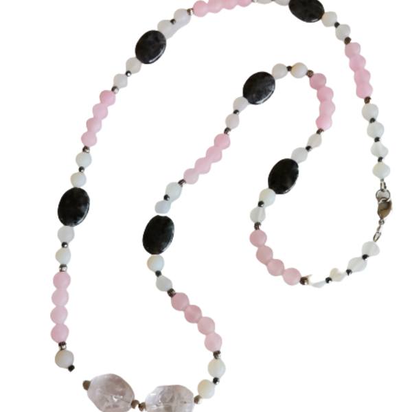 Μακρύ κολιέ με ροζ νεφρίτη και λευκό αχάτη - ημιπολύτιμες πέτρες, μακριά