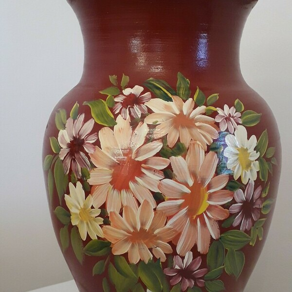 Πήλινο βάζο με ζωγραφισμένα λουλούδια - ζωγραφισμένα στο χέρι, βάζα & μπολ, πηλός - 2