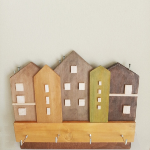 Ξύλινη κλειδοθήκη σπιτάκια σε γήινα χρώματα - κλειδοθήκες, ξύλινα διακοσμητικά τοίχου