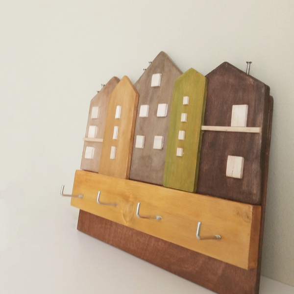 Ξύλινη κλειδοθήκη σπιτάκια σε γήινα χρώματα - κλειδοθήκες, ξύλινα διακοσμητικά τοίχου - 2