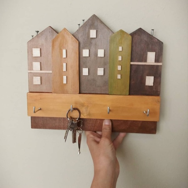 Ξύλινη κλειδοθήκη σπιτάκια σε γήινα χρώματα - κλειδοθήκες, ξύλινα διακοσμητικά τοίχου - 4
