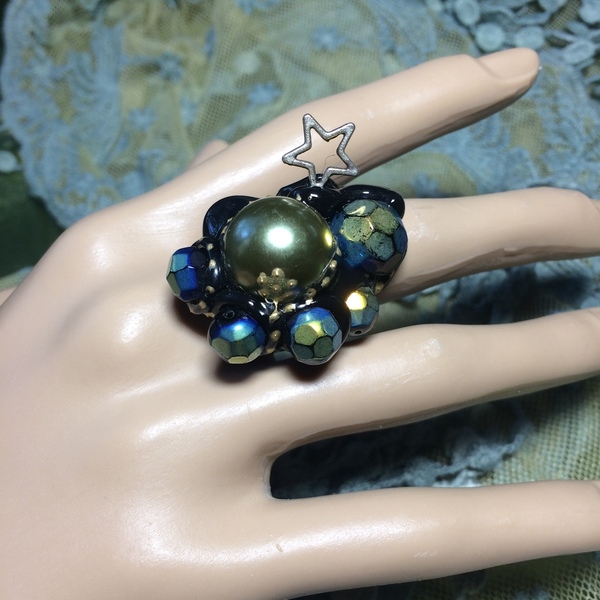 Χειροποίητο δαχτυλίδι με σύνθεση από χάντρες και αστεράκι - κορίτσι, εντυπωσιακά, μεγάλα, αυξομειούμενα, φθηνά - 2