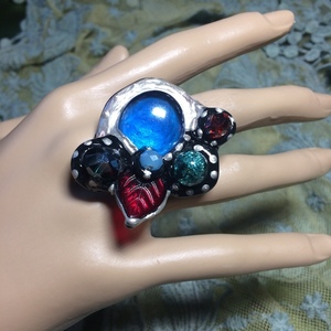Χειροποίητο δαχτυλίδι με σύνθεση από χάντρες και σιλικόνη - εντυπωσιακά, boho, μεγάλα, αυξομειούμενα, φθηνά - 2
