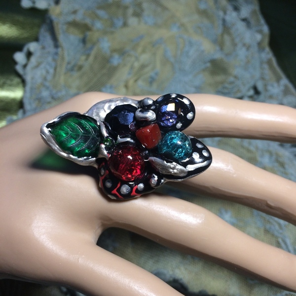 Χειροποίητο πολύχρωμο δαχτυλίδι με σύνθεση από χάντρες και σιλικόνη - εντυπωσιακά, boho, μεγάλα, αυξομειούμενα, φθηνά - 3