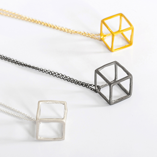 Cube Necklace -Χειροποίητο επίχρυσο και επιροδιωμένο μενταγιόν - επιχρυσωμένα, ασήμι 925, μακριά, layering, κύβος - 2