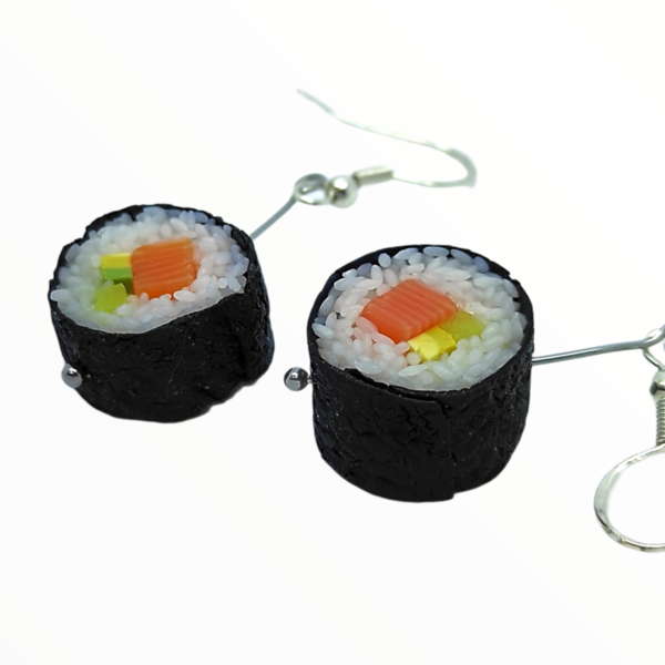 Χειροποίητα σκουλαρίκια Sushi Maki Rolls με σολομό και αβοκάντο ,Mimitopia - πηλός, ατσάλι, κρεμαστά - 2
