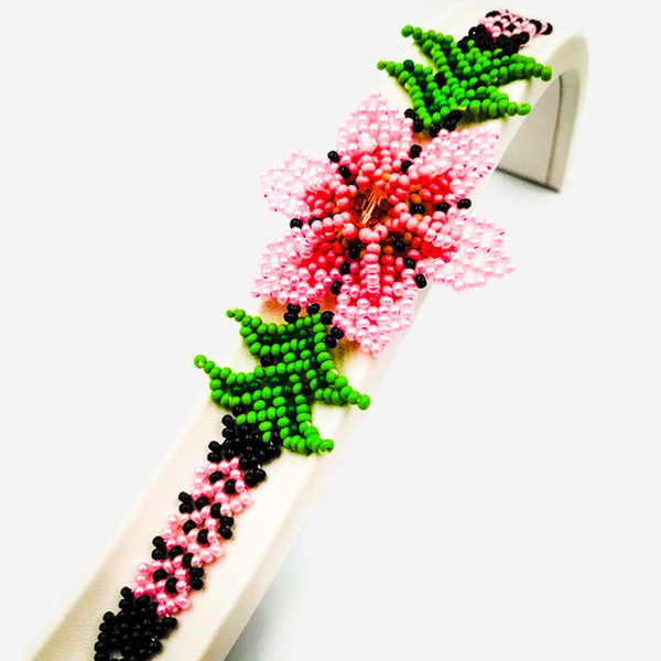 Βραχιόλι με ροζ λουλούδι από γυάλινες χάντρες - χάντρες, λουλούδι, boho, χεριού, αυξομειούμενα - 3