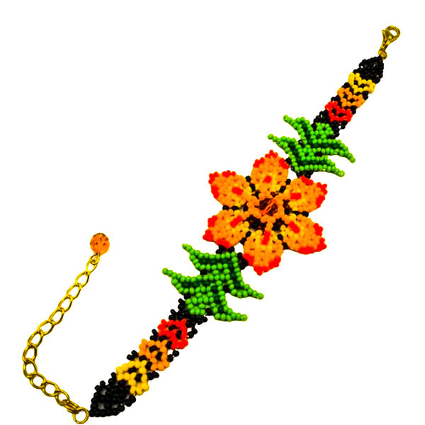 Βραχιόλι με πορτοκαλί λουλούδι και γυάλινες χάντρες - χάντρες, λουλούδι, boho, χεριού, αυξομειούμενα