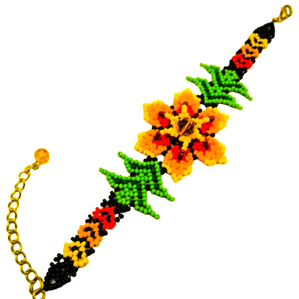 Πορτοκαλί βραχιόλι με χάντρες - χάντρες, λουλούδι, boho, χεριού, αυξομειούμενα
