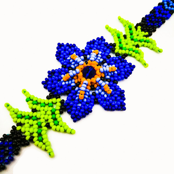Βραχιόλι με μπλε λουλούδι - χάντρες, λουλούδι, boho, χεριού, αυξομειούμενα - 2