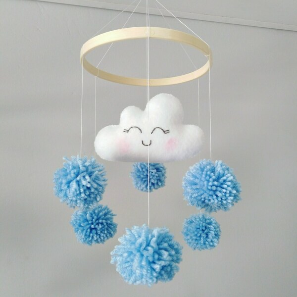 Mini mobile blue cloud - κορίτσι, αγόρι, pom pom, συννεφάκι, μόμπιλε - 2