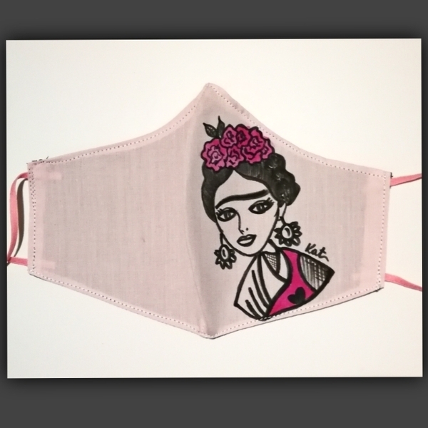 Ζωγραφισμένη Φριντουλα, ροζ βαμβακερή γυναικεία μάσκα - βαμβάκι, ζωγραφισμένα στο χέρι, γυναικεία - 2