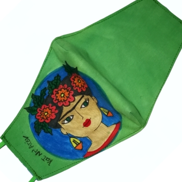 Ζωγραφισμένη Φριντουλα πράσινη γυναικεία βαμβακερή μασκα με πουά 12x24 - βαμβάκι, ζωγραφισμένα στο χέρι, γυναικεία, μάσκες προσώπου