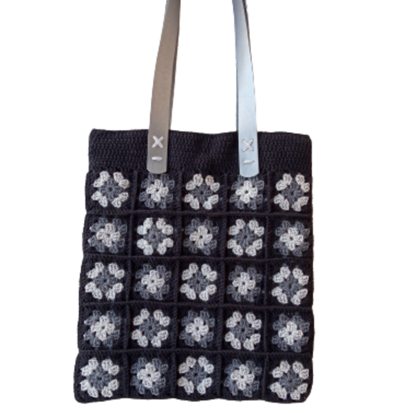 Τσάντα πλεκτή μαυρη λουλουδάκια γκρί δερμάτινα χερούλια-Αντίγραφο - ώμου, μεγάλες, all day, tote, πλεκτές τσάντες