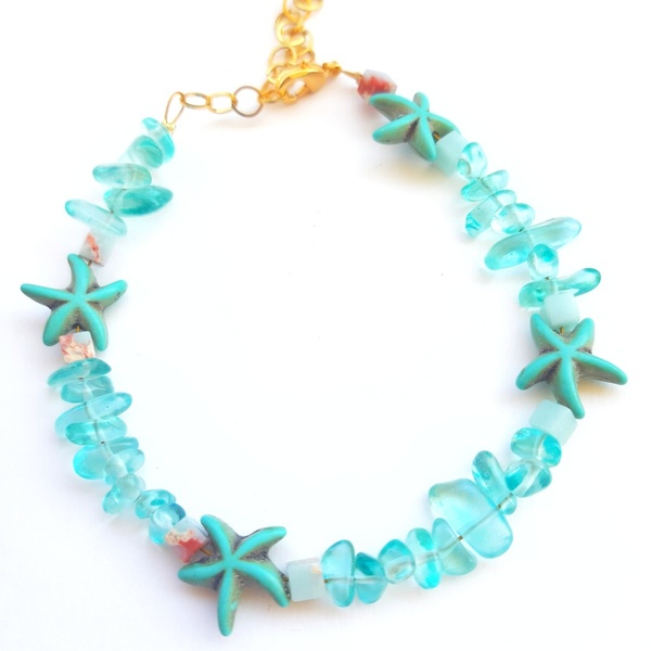 Anklet με ημιπολύτιμες πέτρες σε τιρκουάζ απόχρωση. Βραχιόλι ποδιού. - ποδιού, ατσάλι, ημιπολύτιμες πέτρες, αυξομειούμενα, boho