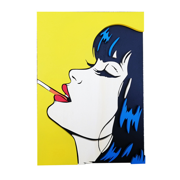 Χειροποίητο ξύλινο 3D pop art girl με τσιγάρο - πίνακες & κάδρα
