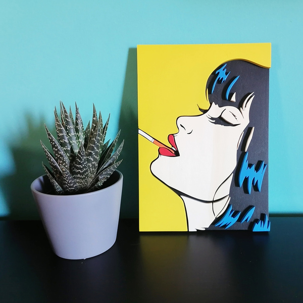 Χειροποίητο ξύλινο 3D pop art girl με τσιγάρο - πίνακες & κάδρα - 4