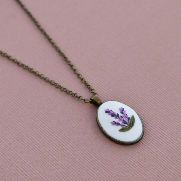 "Lavender dream"- Χειροποίητο μεταγιόν από πηλό με λουλούδια (πηλός, μπρούτζος) (40εκ.+5εκ επέκταση) - πηλός, κοντά, λουλούδι, μπρούντζος, μενταγιόν - 4