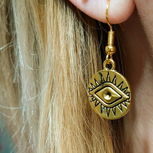Gold eye coin•| earrings - μάτι, μικρά, boho, κρεμαστά, φθηνά - 2