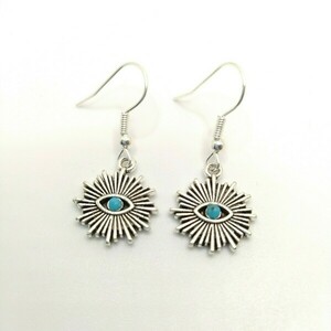 Antique Silver Eye Sun •|• earrings - μάτι, μικρά, ατσάλι, boho, κρεμαστά