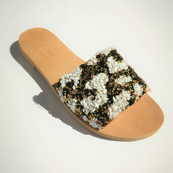 Black and White Sandal χειροποίητο δερμάτινο ασπρόμαυρο σανδάλι - φλατ, πέτρες, δέρμα, slides - 4