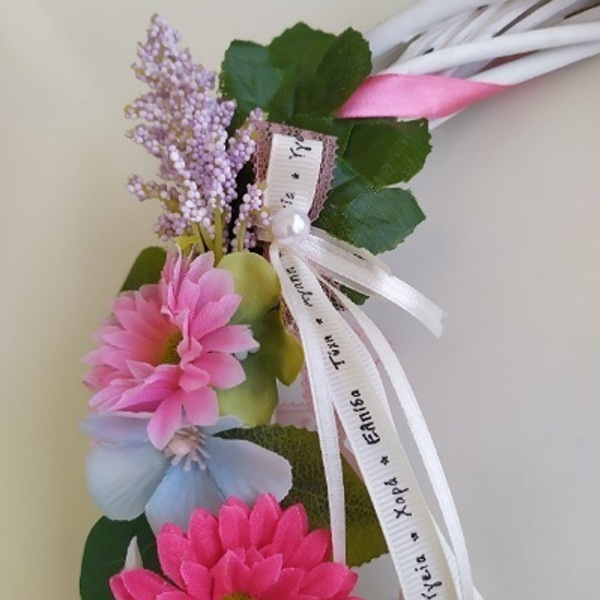 Στεφανάκι ξύλινο λευκό με λουλούδια - στεφάνια, λουλούδια - 3