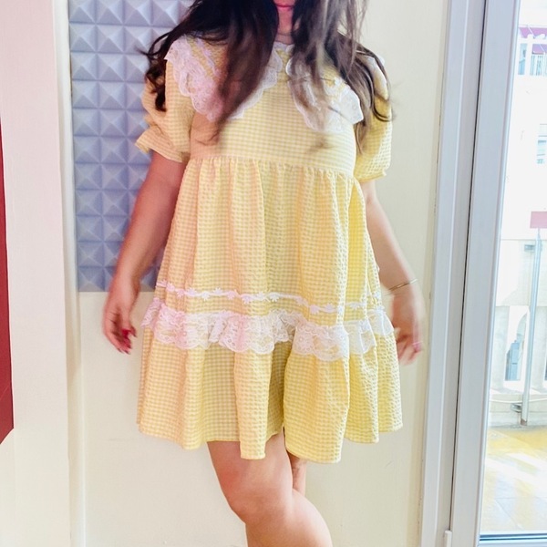 mini ρομαντικό φόρεμα "Laura" - βαμβάκι, δαντέλα, mini, καρό