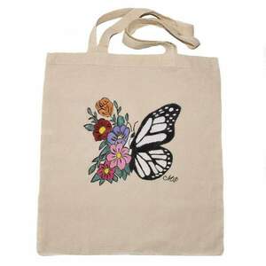 Πάνινη τσάντα ώμου ζωγραφίσμενη στο χέρι ❤️butterfly with flowers - ύφασμα, ώμου, all day, πάνινες τσάντες