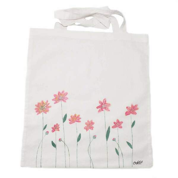 Πάνινη τσάντα ζωγραφίσμενη στο χέρι ❤️ λουλούδια - ύφασμα, ώμου, all day, πάνινες τσάντες