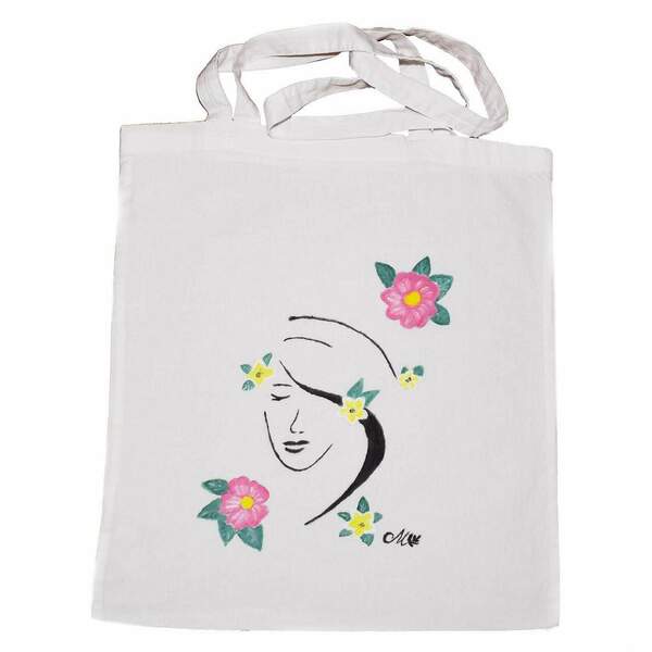 Πανίνη τσάντα ώμου ζωγραφίσμενη στο χέρι ❤️girl with flowers - ύφασμα, ώμου, all day, πάνινες τσάντες