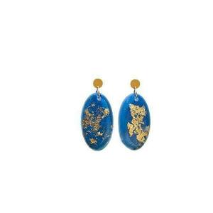 μπλε οβαλ σκουλαρικια με φυλλο χρυσου - μακριά, boho, κρεμαστά, μεγάλα, faux bijoux