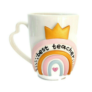 Δώρο για την δασκάλα κούπα "ουράνιο τόξο" με στοιχεία από πολυμερικό πηλό (ύψος 10,5 εκ, 360 ml) - σχολικό, δώρα για δασκάλες, παιδικές κούπες, προσωποποιημένα