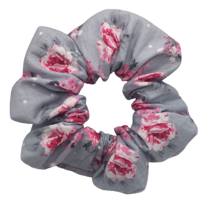 Σετ μπρελόκ και scrunchie floral γκρι - ύφασμα, δώρο, set, φλοράλ, για τα μαλλιά - 3