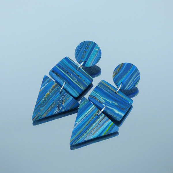 Μακριά μπλε σκουλαρίκια από πηλό 3,5*8 cm με ατσάλινα καρφάκια - πηλός, μακριά, κρεμαστά, μεγάλα - 2