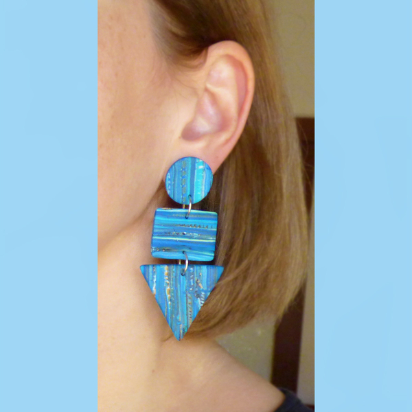 Μακριά μπλε σκουλαρίκια από πηλό 3,5*8 cm με ατσάλινα καρφάκια - πηλός, μακριά, κρεμαστά, μεγάλα - 4