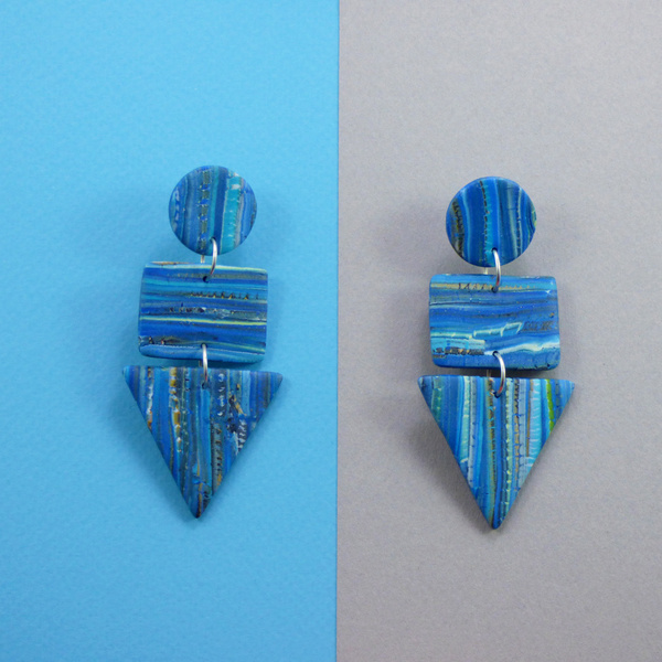 Μακριά μπλε σκουλαρίκια από πηλό 3,5*8 cm με ατσάλινα καρφάκια - πηλός, μακριά, κρεμαστά, μεγάλα - 5