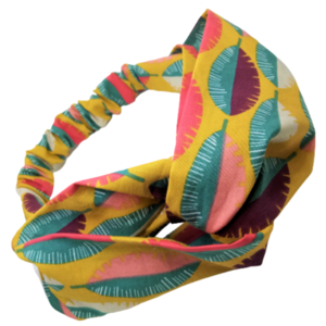 Κορδέλα Turban Style κίτρινη με πολύχρωμα φτερά - ύφασμα, βαμβακερές κορδέλες, δώρα για γυναίκες, κορδέλες μαλλιών