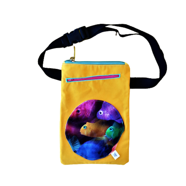 Γυναικεία χειροποίητη τσάντα μέσης και χιαστί κροκί με λεπτομέρεια από ψαράκια - ύφασμα, χιαστί, δώρα για δασκάλες, μέσης