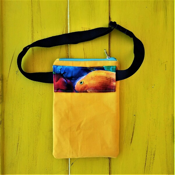 Γυναικεία χειροποίητη τσάντα μέσης και χιαστί κροκί με λεπτομέρεια από ψαράκια - ύφασμα, χιαστί, δώρα για δασκάλες, μέσης - 3