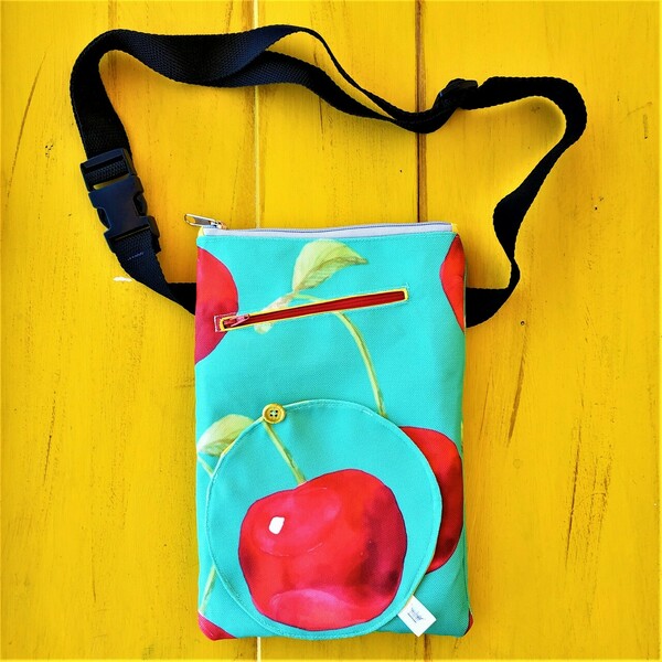 Γυναικεία χειροποίητη τσάντα μέσης και χιαστί με κεράσια - χιαστί, δώρα για δασκάλες, μέσης - 3