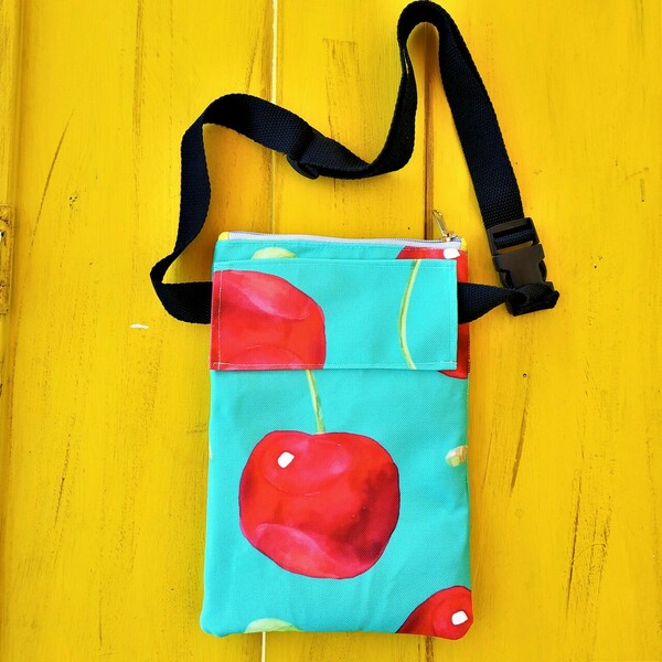 Γυναικεία χειροποίητη τσάντα μέσης και χιαστί με κεράσια - χιαστί, δώρα για δασκάλες, μέσης - 4