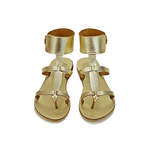 Χρυσά δερμάτινα σανδάλια με πολλαπλά λουριά - δέρμα, αρχαιοελληνικό, φλατ, ankle strap - 4