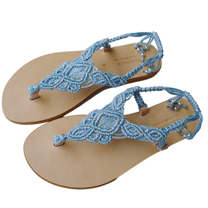 Σανδάλια γυναικεία Μακραμέ γαλάζια cerulean με δερμάτινο πάτο - boho, φλατ, ankle strap, διχαλωτά - 4