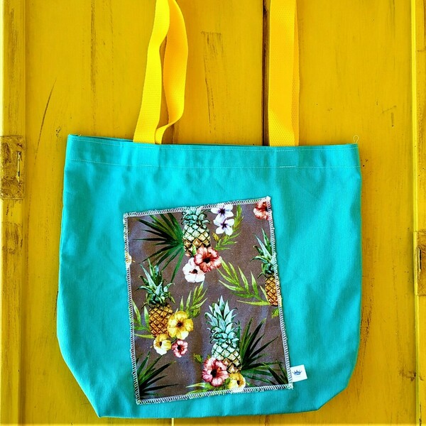 Γυναικεία χειροποίητη τσάντα ώμου / tote bag από ύφασμα με θέμα ανανάδες - ώμου, all day, θαλάσσης, tote, πάνινες τσάντες - 2