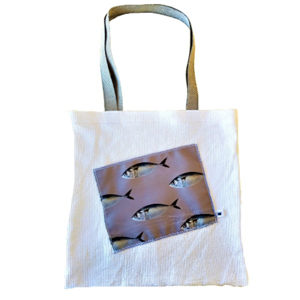Γυναικεία χειροποίητη τσάντα ώμου / tote bag από ύφασμα με θέμα ψαράκια - ώμου, all day, θαλάσσης, tote, πάνινες τσάντες