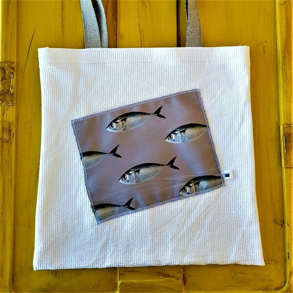 Γυναικεία χειροποίητη τσάντα ώμου / tote bag από ύφασμα με θέμα ψαράκια - ώμου, all day, θαλάσσης, tote, πάνινες τσάντες - 2