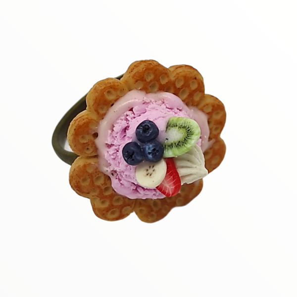 Χειροποίητο Δαχτυλίδι βάφλα με παγωτό φράουλα και φρούτα,κοσμήματα απομίμησης γλυκών, χειροποίητα κοσμήματα μινιατούρες πολυμερικού πηλού Mimitopia - πηλός, boho, γλυκά, παγωτό, αυξομειούμενα - 5