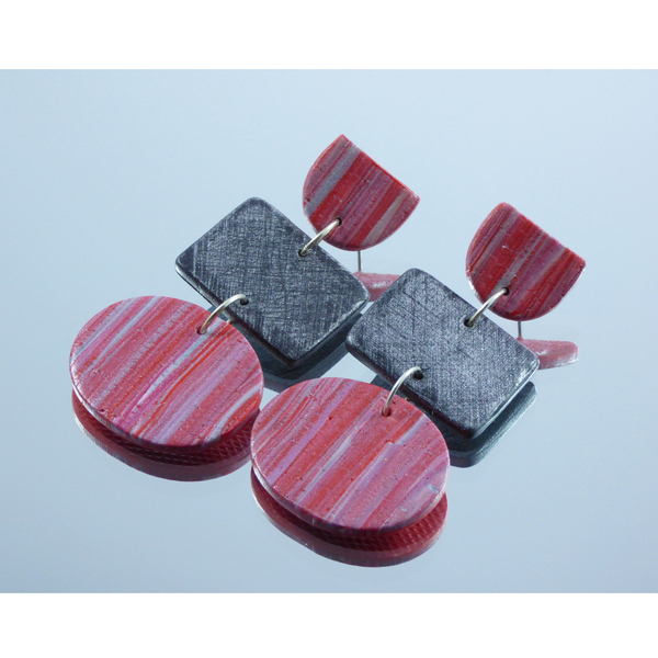 Κόκκινα σκουλαρίκια απο πηλό 3,5*6,5 cm - πηλός, κρεμαστά, μεγάλα - 2