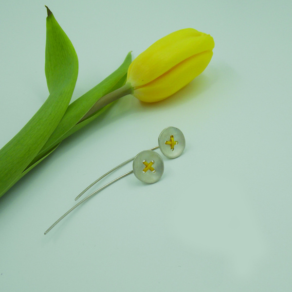 "Clasp" Ασημένια σκουλαρίκια, threader, σε σχήμα κουμπιού με κηροκλωστή - ασήμι, μικρά - 3